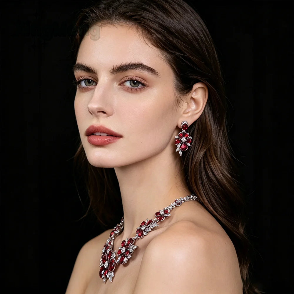 XM S307 Brass Silver Plated Red Zircon Floral Statement Necklace and Drop Earrings Jewelry Set for Women Wedding