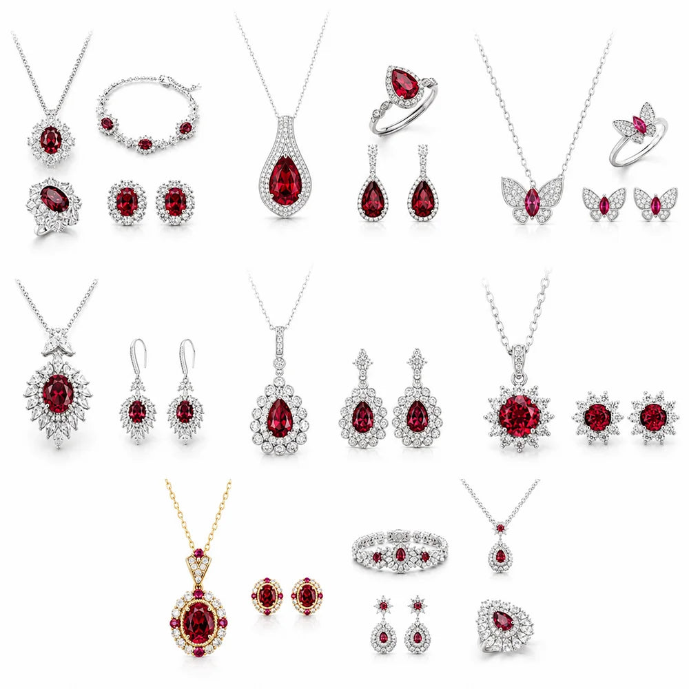 ArtistA 925 Sterling Silver Eternity Necklace Ring Bracelet Earrings Lab Grown Ruby Ring Set Wedding Jewelry Anniversary Gift