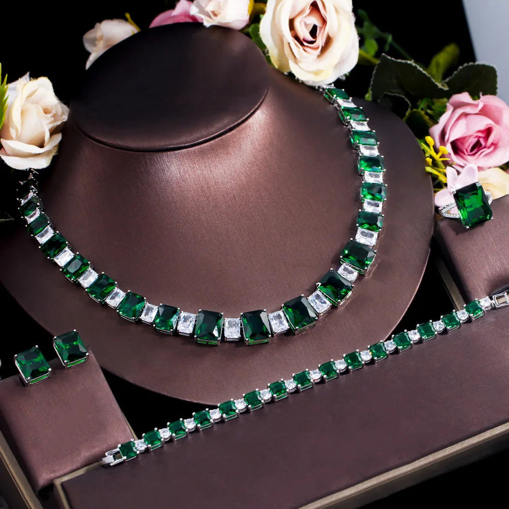 4pcs Square Cubic Zirconia Dark Green African Bride Jewelry Sets Necklace Earrings for Women Luxury Evening Party Costume