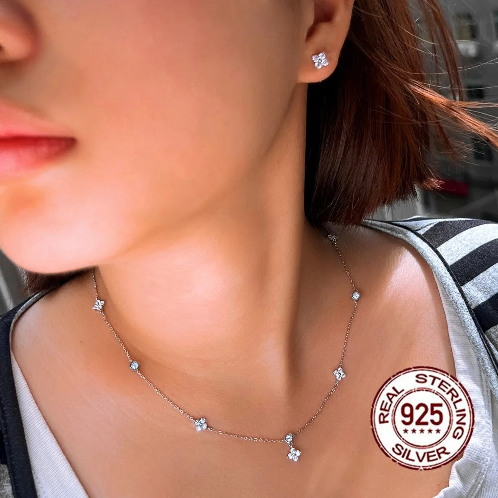 Sparkly White Flowers Shaped Cubic Zirconia S925 Sterling Silver Jewelry Set for Women Datings Wear Birthday Valentine's Gifts