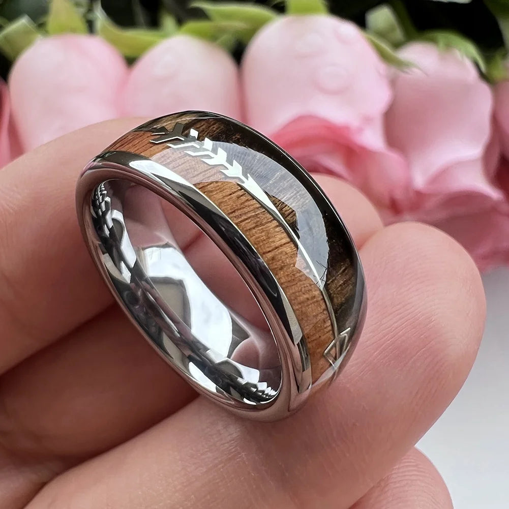 Coolstyle Jewelry 8mm Wholesale Dropshipping Koa Wood Arrow Inlay Tungsten Ring for Men Women Fashion Engagement Wedding Band