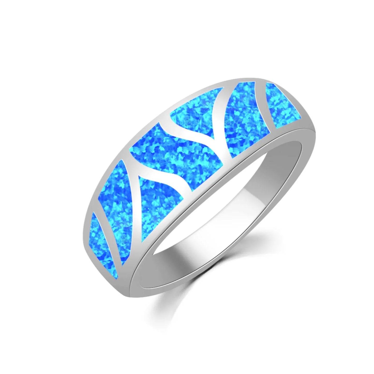 Iridescent Opal Geometric Ring | Sleek Silver Fashion Band