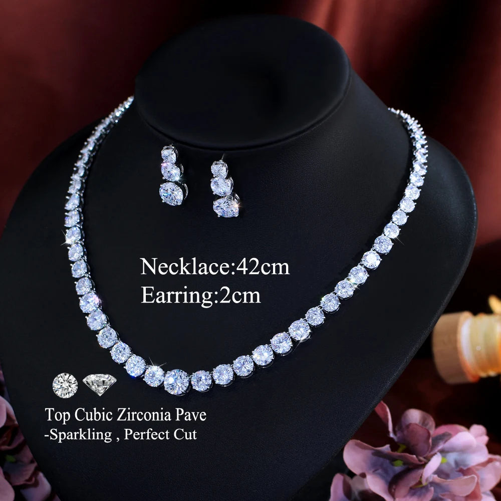 Super Glittering Round Cubic Zirconia Tennis Necklace and Earrings Jewelry Set for Women Wedding Bridal Party Engagement Banquet