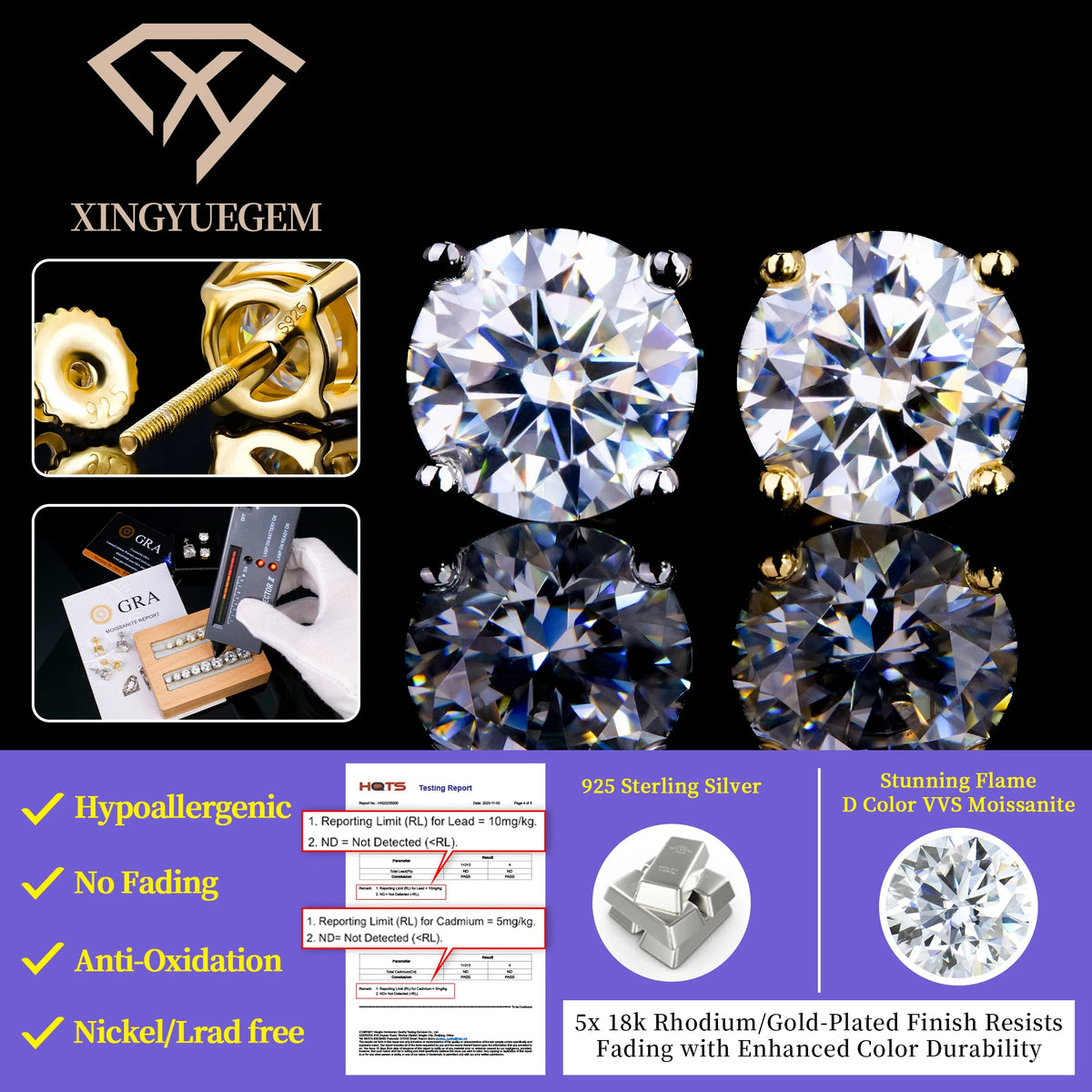 Oem & Odm Factory Wholesale Gra Hip Hop Jewelry Men Women Vvs Moissanite Diamond Sterling Silver 925 Screw Back Stud Earrings