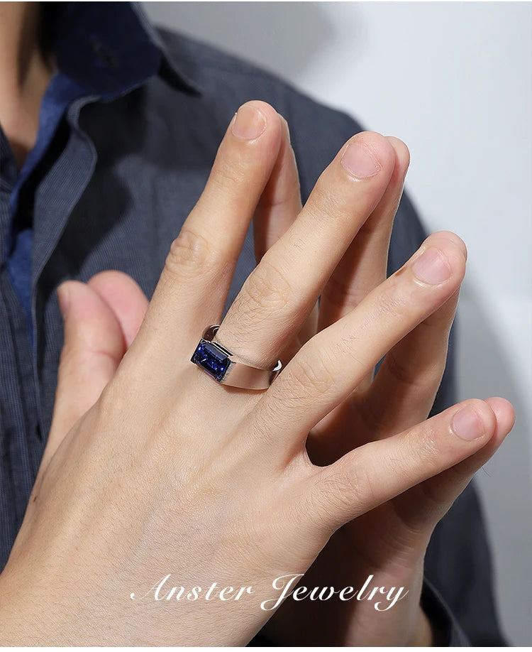 Gemfiori Classic 925 Sterling Silver Men's Ring Lab Created Sapphire Ring 3.51ct Emerald Cut Shape Main Stone for Gift Party Anniversary