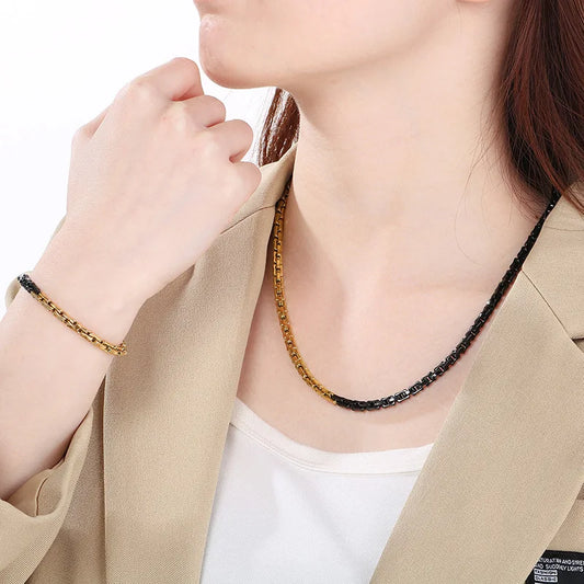 Kalen Fashion Personality Stainless Steel Necklace for Men Women Black Gold Plated Chain Bracelet Jewelry Set