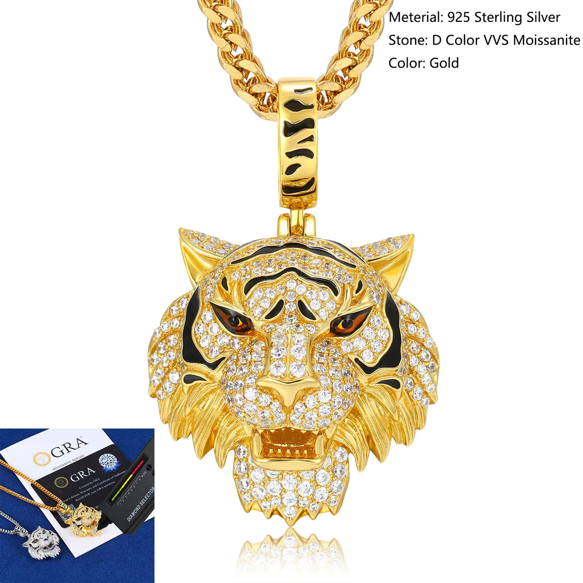 S&S 925 Silver VVS Moissanite Iced Out 3D Tiger Head Pendant | Hip-Hop Jewellery