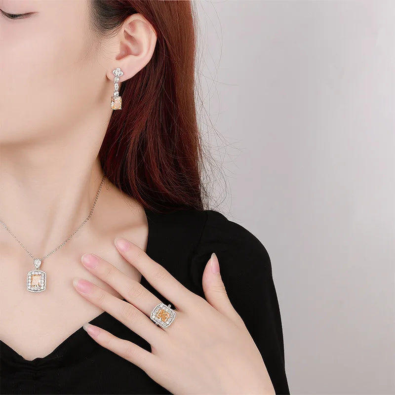 Gemfiori New square Earrings Fashionable Exquisite Super fairy Simple Pendant Ring Retro Long Jewelry Set