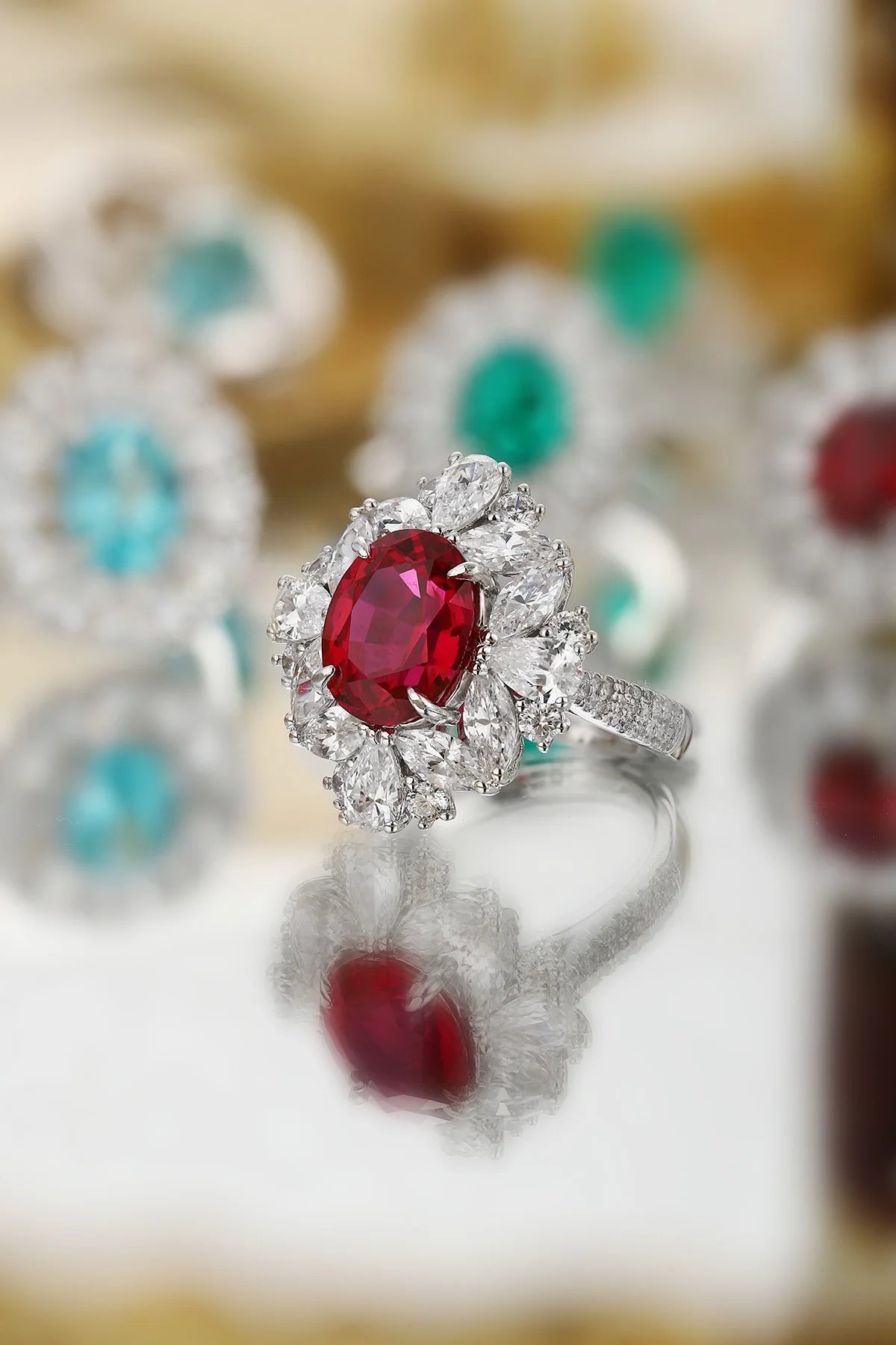 Gemfiori S925 Silver Cultivated Ruby Ring Main Stone:5.07 CT Side Stones:5.81CT Weight: 7.7g