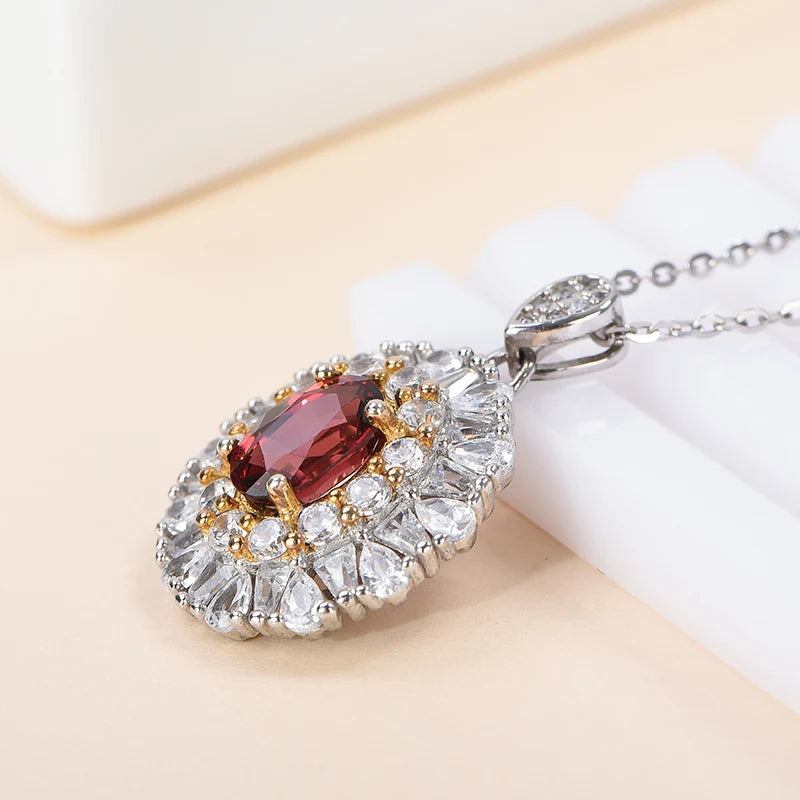 Gioiellieri Natural Garnet Oval Cut Claw Setting Rhodium 925 Sterling Silver Women's Luxury Solitaire Pendant Necklace High-end Customized