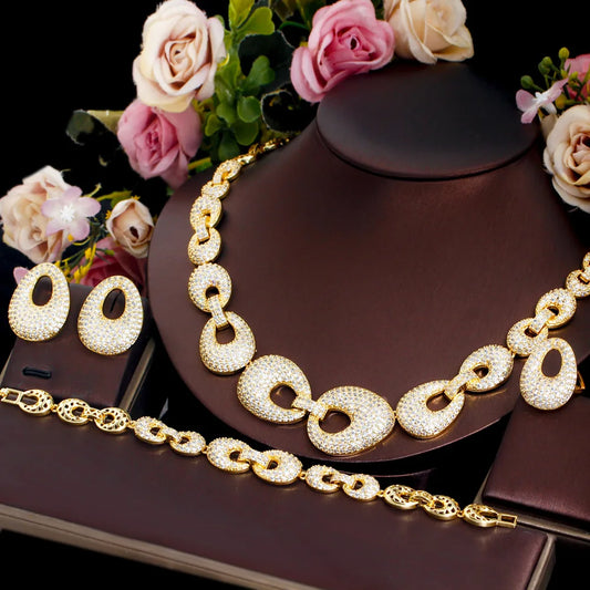 Chain Link Cubic Zircon Crystal Brazilian 18k Gold Plated Big Luxury 4pcs Jewelry Sets for Women Wedding Bride CZ Accessories