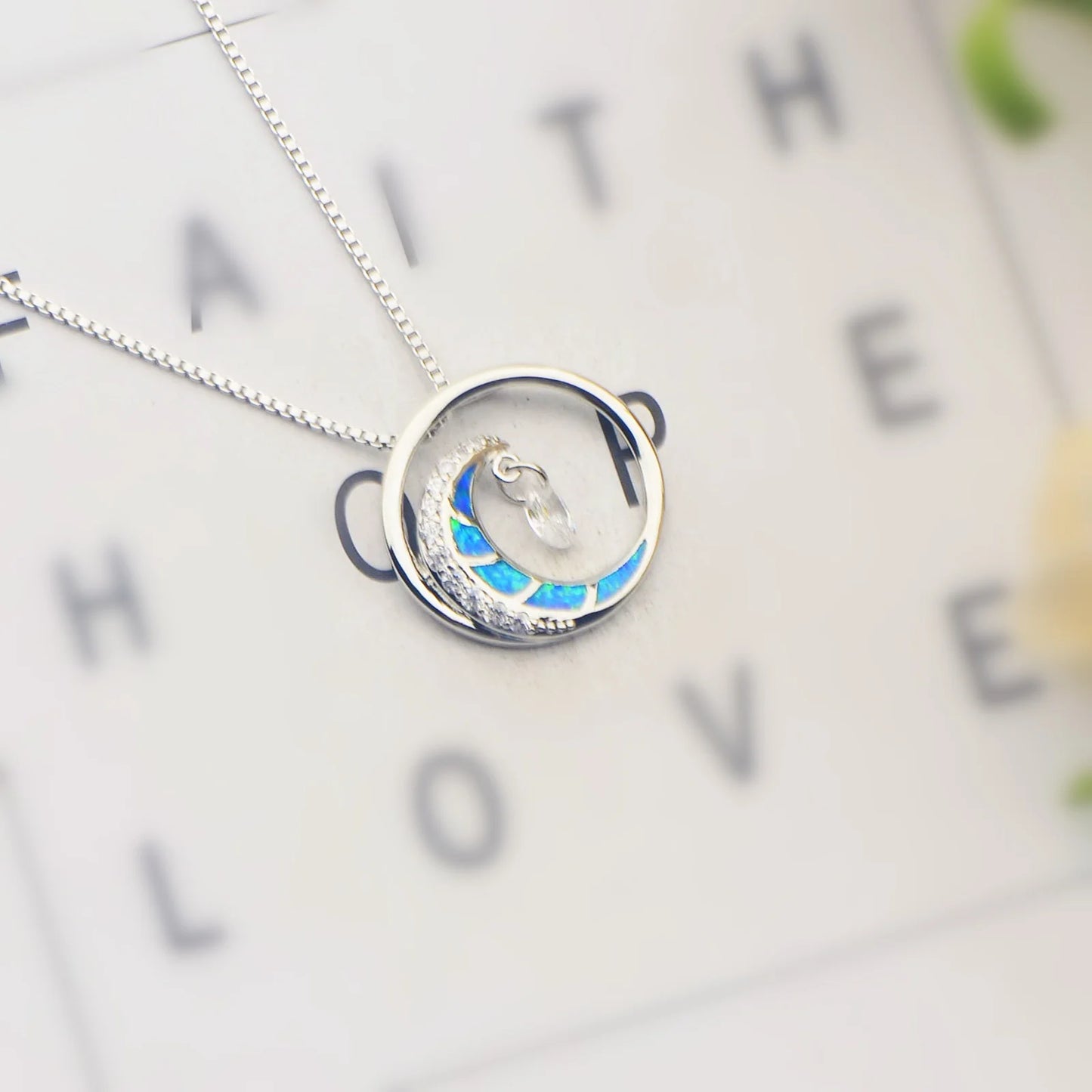 TikTok Viral Wave Opal Silver Plated Copper Box Chain Christian Lariat Necklace | Blue Ocean-Inspired Women's Gift Jewelry