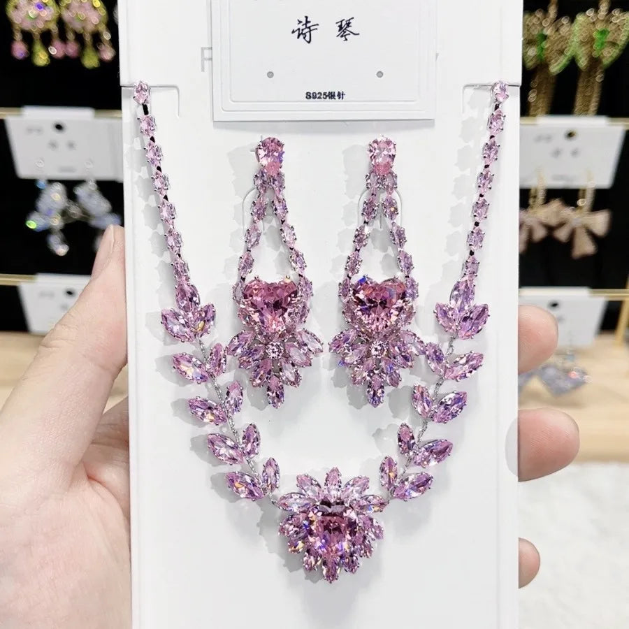 K085 High End Women Exquisite Luxurious Pink Heart Zircon Bridal Necklace Earrings Set Wedding Elegant Jewelry Set
