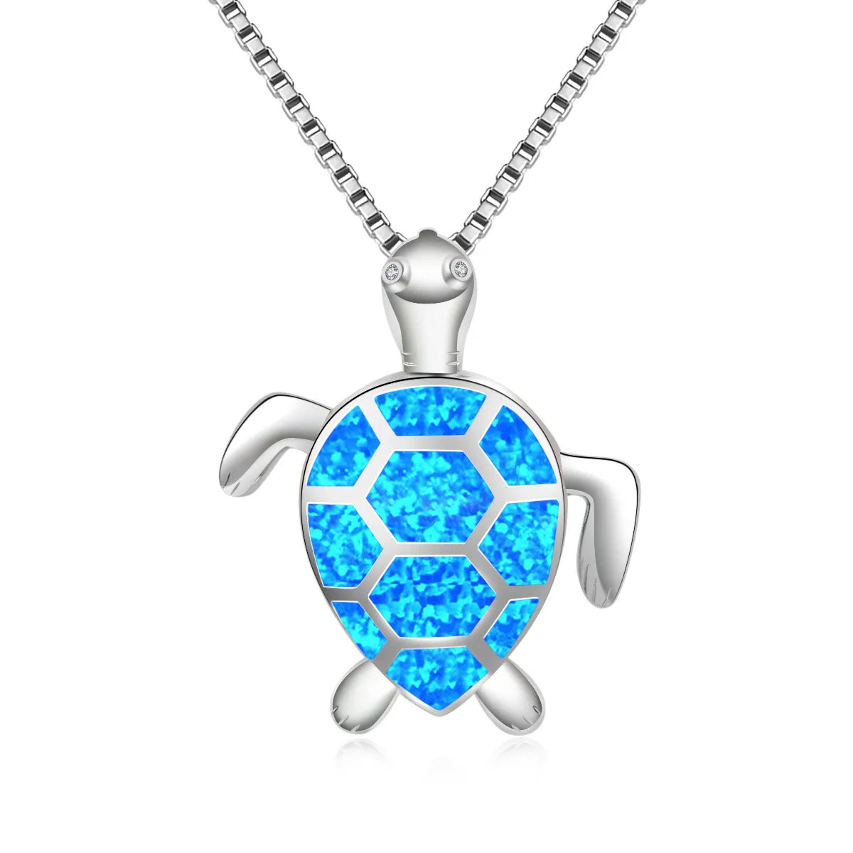European American Style Christian Blue Opal Turtle Pendant Lariat Necklace Copper Silver Plated Animal Box Chain Minimalist