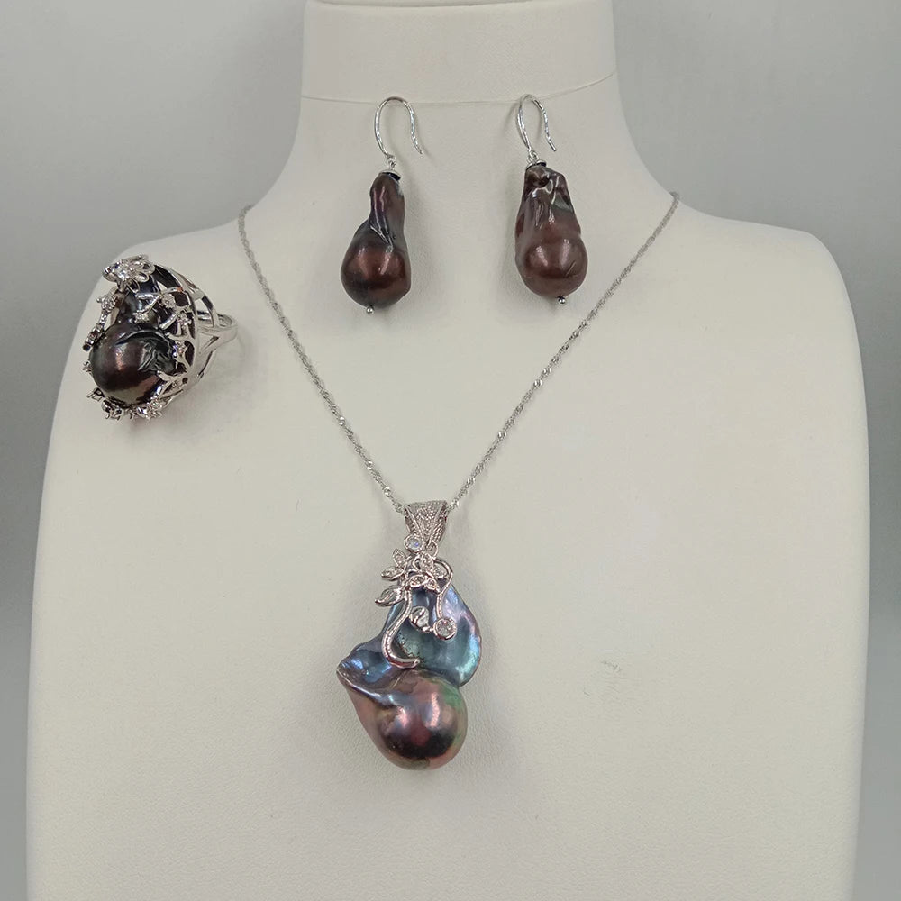 Fashion Choker 925 SILVER Jewelry Set ,100% Big Black Baroque Freshwater Pearl