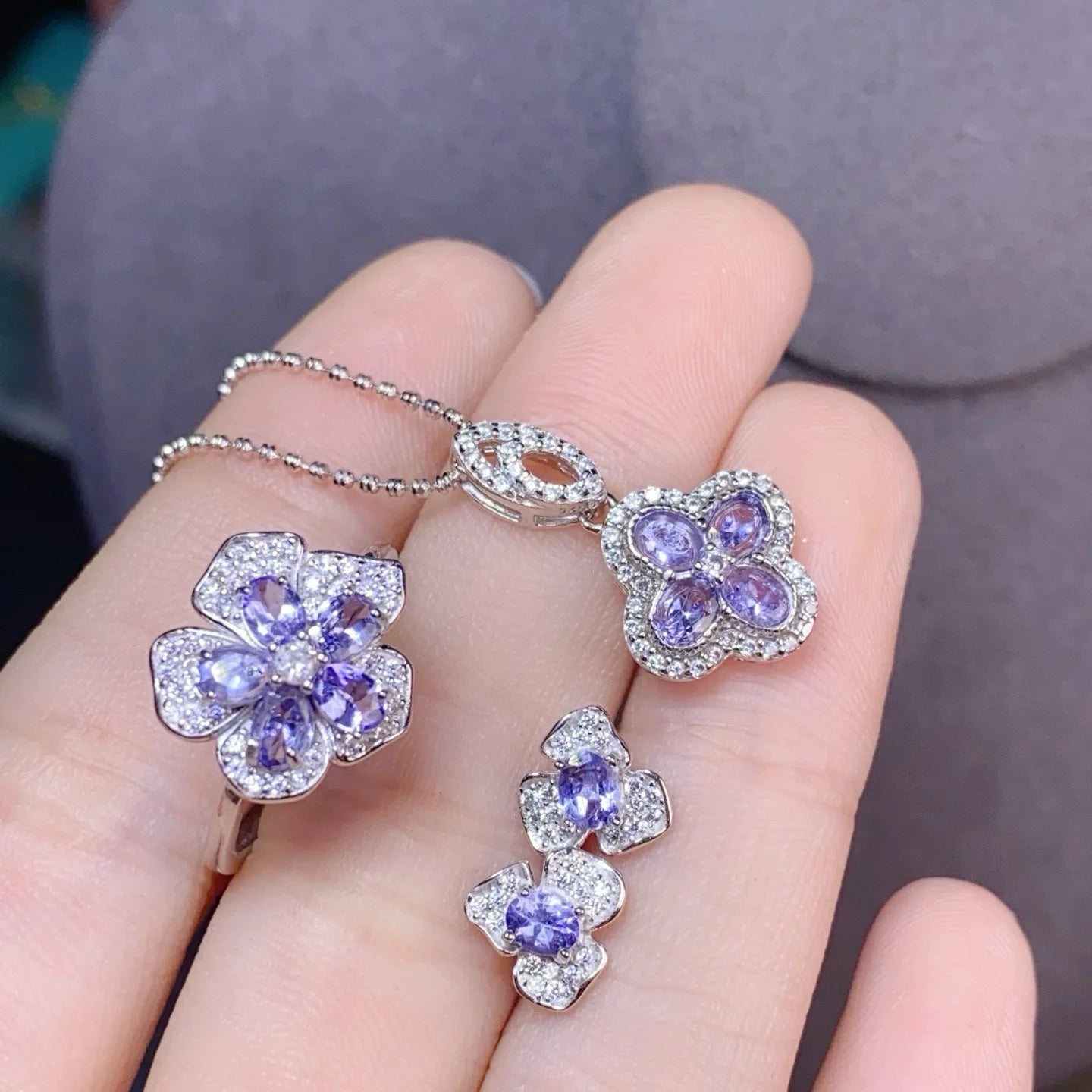 925 Sterling Silver Natural Tanzanite Set Ring Earring Necklace   Gold Plated Jewelry Set for Women