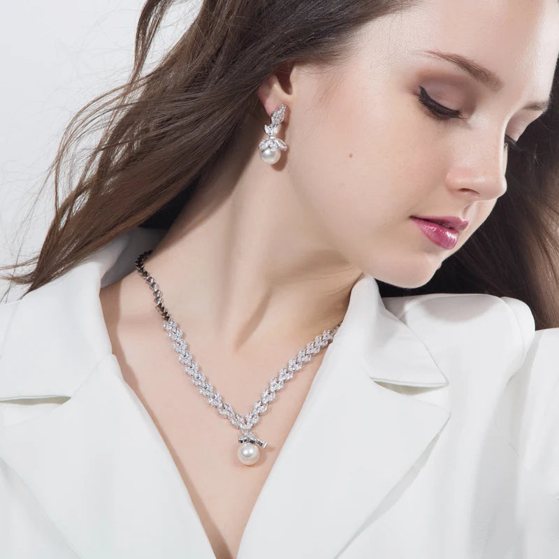 3pcs Silver Color Marquise Cut Cubic Zirconia Big Pearl Drop Earring Bracelet Necklace Jewelry Sets Ladies Bridal Wedding Custom