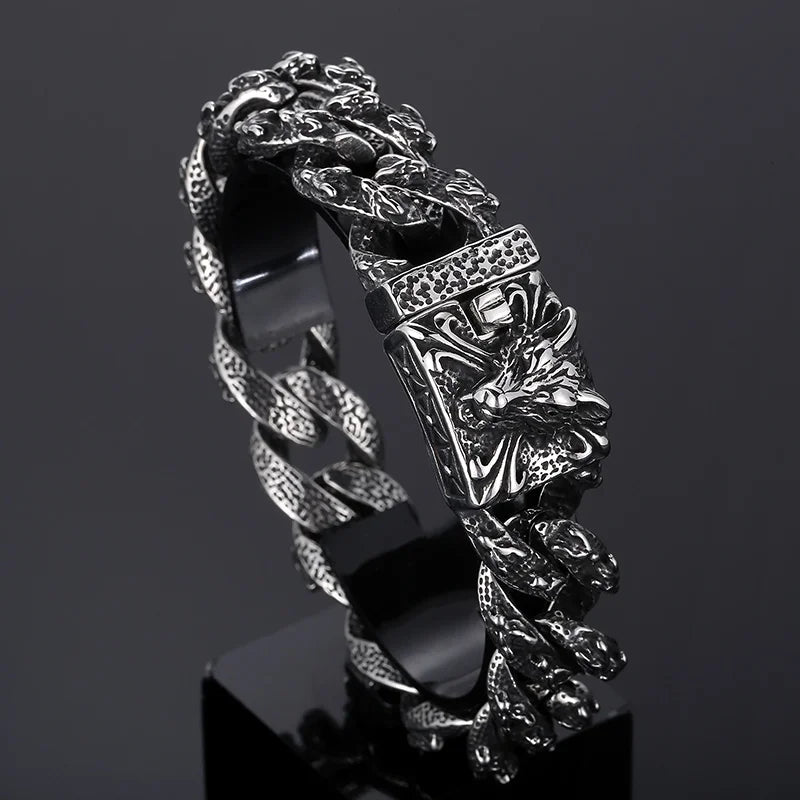 VIKING Mens Punk Wolf Pattern Link Bracelet – Silver Stainless Steel