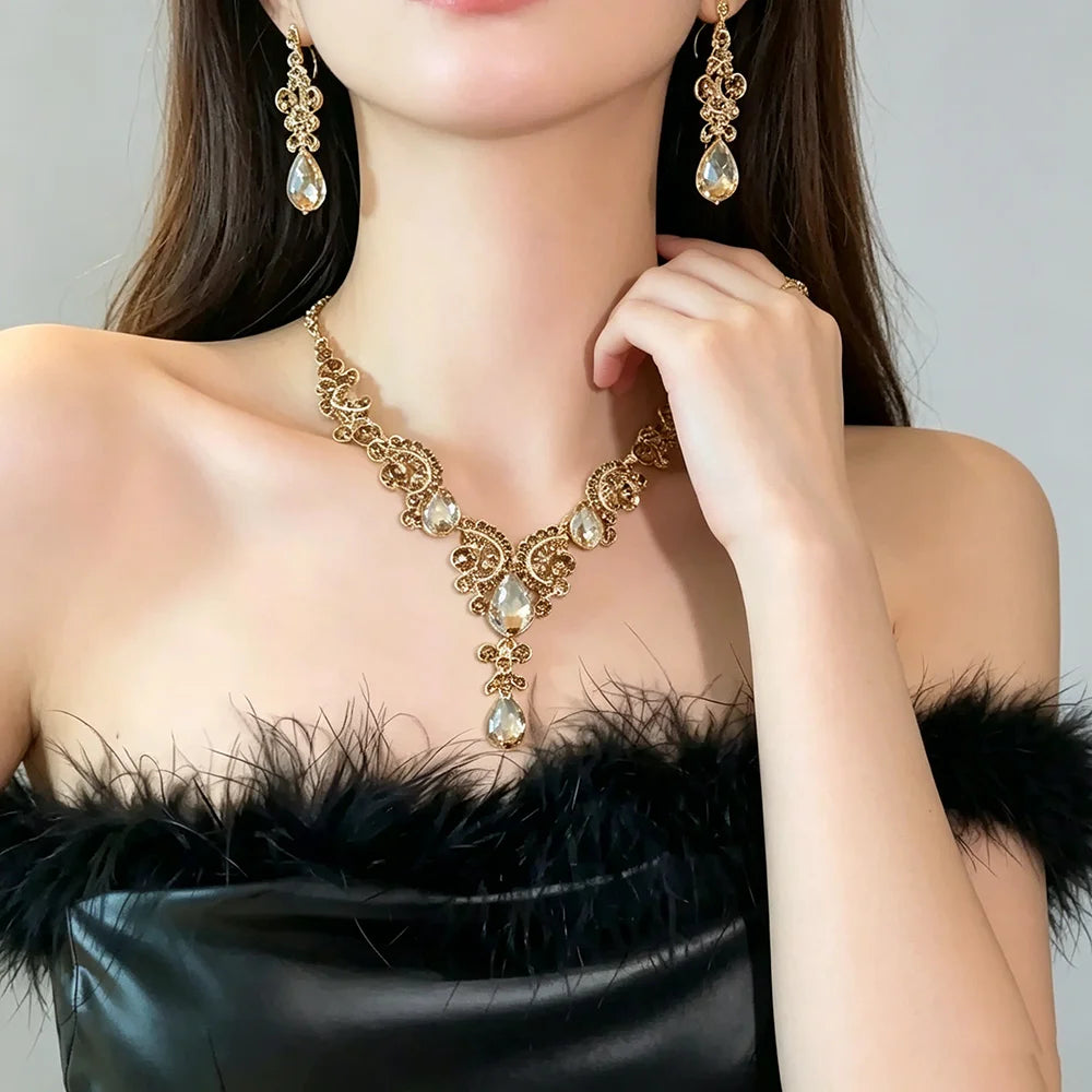 XM S364 Gold Plated Princess Cut Champagne Zircon Floral Statement Necklace & Drop Earrings Bridal Set
