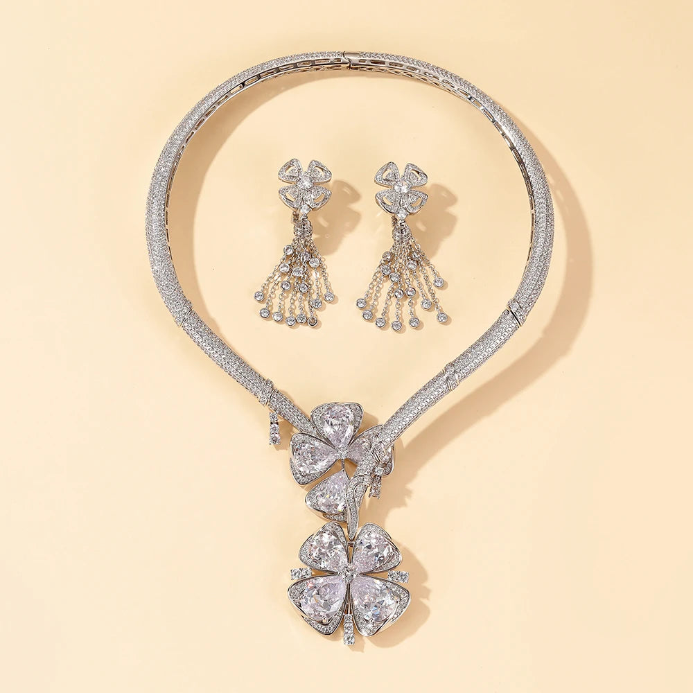 White Four Leaf Flower Exaggerated Dress Accessories Women's High-end Necklace Short Clavicle Suit Tassel Earrings Wholesale