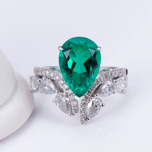 Messi Jewelry  MSR-1093 18K Lab Grown Emerald Ring Elegant Luxury Pear Cut Ring Engagement Wedding Band Classic  Gift Band