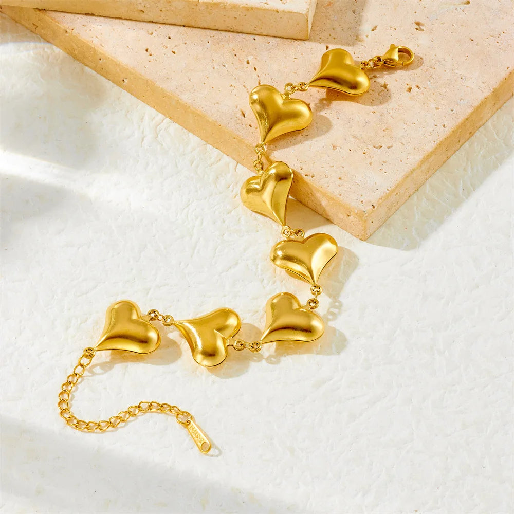 Gold Heart Necklace & Bracelet Jewellery Set | Stainless Steel Fashion Set