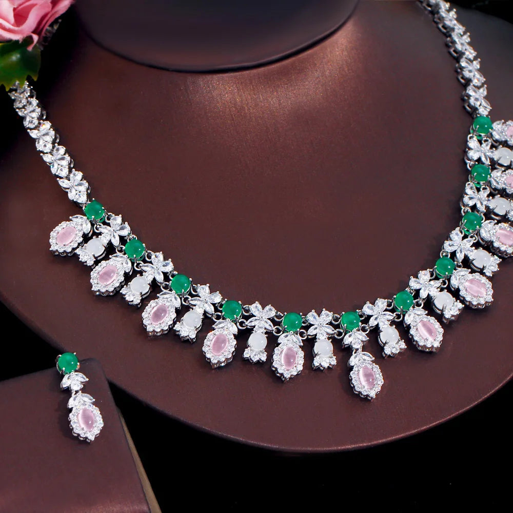 Women Fancy and Elegant Leaf Flower Shape Pink CZ Necklace Earrings Green Opal Cubic Zirconia Wedding Jewelry Set for Bridal