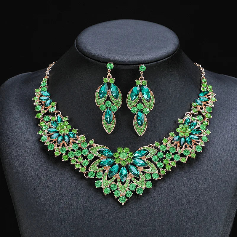 Retro Leaves & Flowers Crystal Necklace & Earrings Set | Exaggerated Luxury Bridal Jewellery | 10 Colours