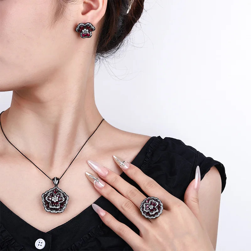 Gemfiori Vintage Camellia Necklace with Micro Inlaid Zirconia Pendant Light Luxury Fashion Ring Set