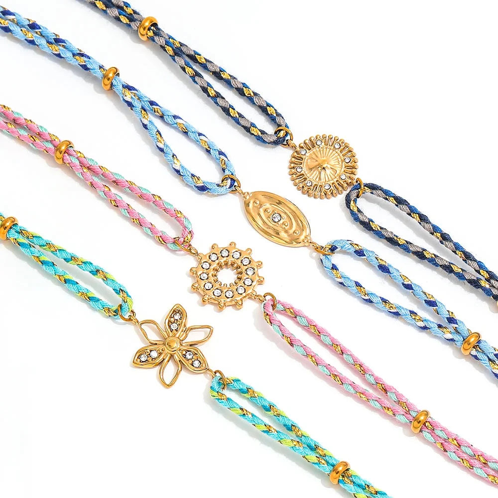 Joolim High End Gold Plated Waterproof Boho Woven Rope Sunburst Zirconia Pendant Stainless Steel Bracelet Wholesale Jewelry