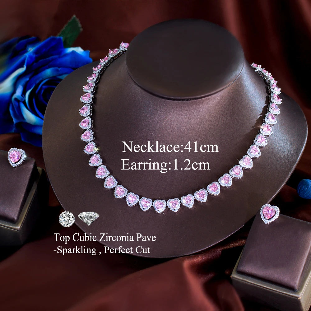 Trendy Jewelry Brass Silver Plated Jewelry Set Pink Iced CZ Ring Earrings Necklace Cuban Tennis Heart Shaped Woman Jewelry Set