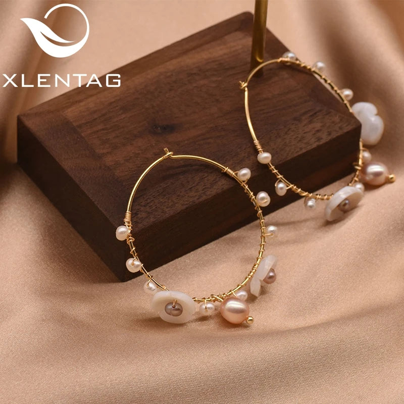 925 Sterling Silver Flower Natural Fresh Water Pearl Hoop Big Earrings for Women Wedding Gift