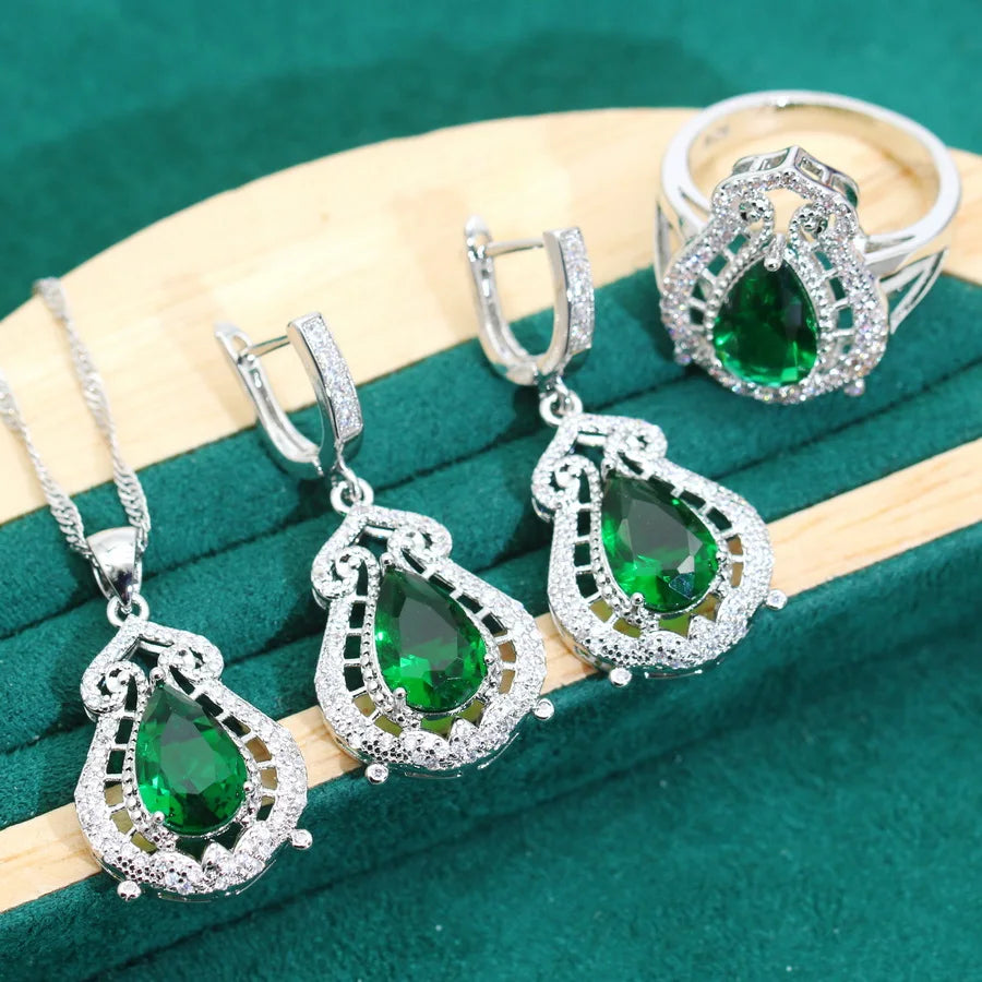 XOTICA 2024 Green Crystal Women's 925 Silver Jewelry Sets Classic Wedding Earrings Rings Bracelets Pendant Necklace for Parties