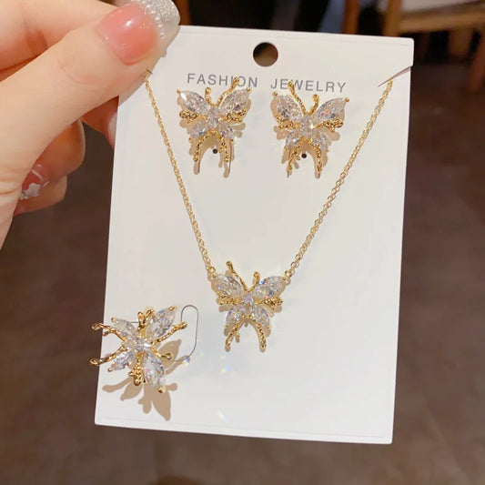 Hot Selling Fashion Exquisite Butterfly Necklace Earrings Ring Set with Zircon Women's  Classic Real Gold Plated Jewelry Set