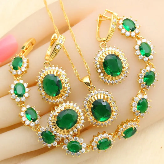18K Gold Plated Alloy Emerald Jewelry Set for Women Wedding Engagement Anniversary Party Necklace Earrings Bracelet Ring Gift