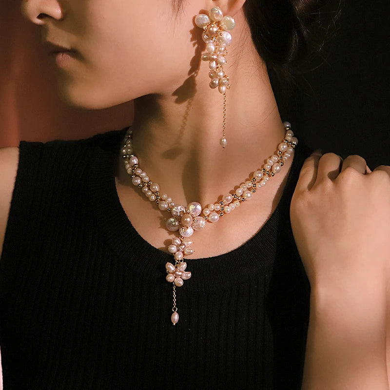 Natural Pearl Flower Necklace and Earrings Set Luxurious Design High-Quality Set for Banquet Wedding Women's Jewelry GS0227