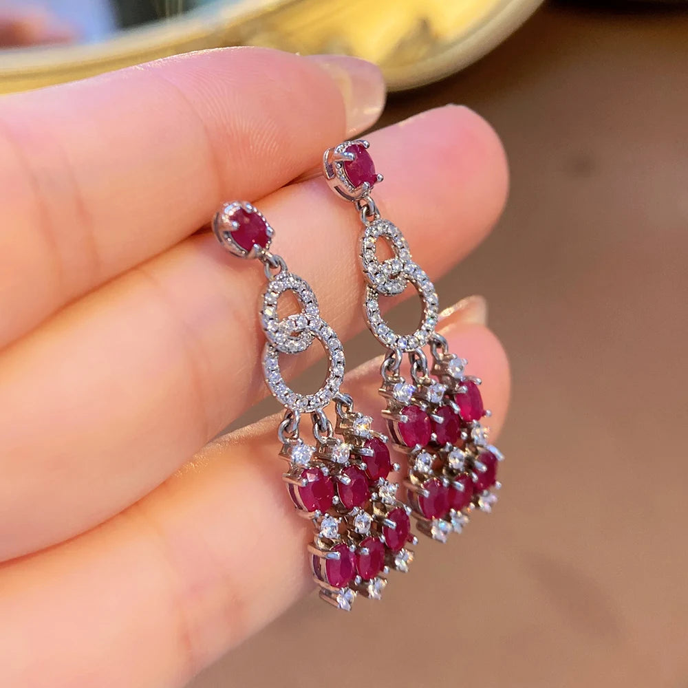 Gioiellieri Luxury Natural Red Ruby Earrings 925 Sterling Silver Wedding Party Gift Fine Jewelry
