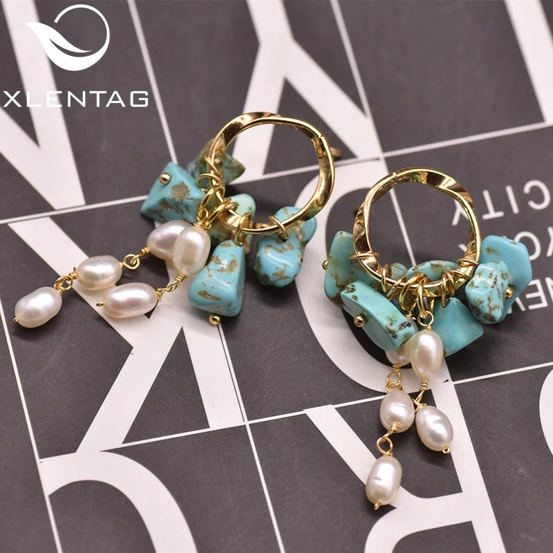 Handmade Earrings Natural Freshwater Pearl Turquoise Drop Earrings Ear Pin Material Bohemian Jewelry