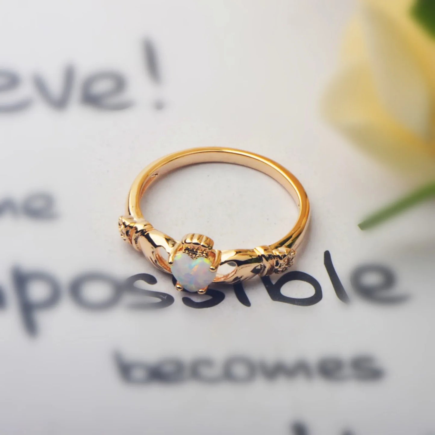 Celtic Claddagh Opal Ring - Heart Opal & Rose-Gold Hand Design | Symbolic Promise Jewelry Bulk Gifts