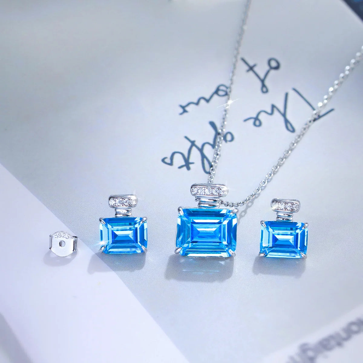 S&S Aqua Blue CZ Emerald Cut Pendant Necklace & Stud Earrings Set | 925 Silver Rhodium Plated | S&S Collection