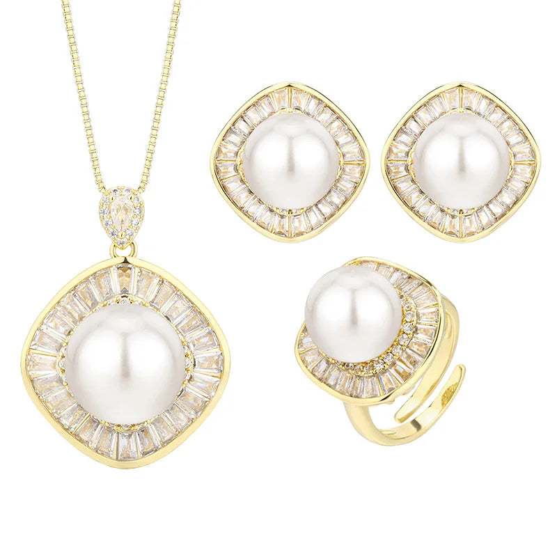 Gemfiori Hot Selling Gold White Pearl square Temperament Women's Copper Base Gold-plated Jewelry Bride Wedding Jewelry Set