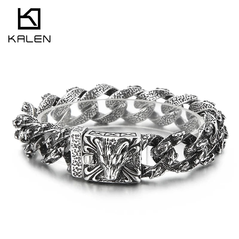 VIKING Mens Punk Wolf Pattern Link Bracelet – Silver Stainless Steel