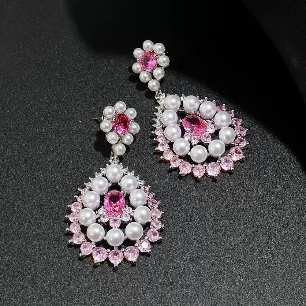 Bella Viva Luxury Pink Bridal Jewelry, Platinum Plated Brass & Cubic Zirconia Necklace and Earring Sets, for Wedding and Party