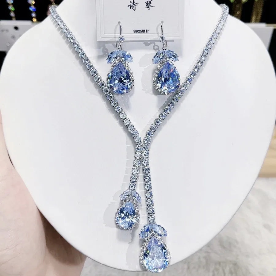 K070 Hot Selling Women Trendy Luxury Water Drop Zircon Bridal Necklace Earrings Set Wedding Elegant Jewelry Set