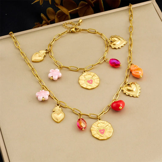 New Style Fashion Stainless Steel Gold Heart Pendant Necklace and Bracelet Set Women Luxury Jewelry Set