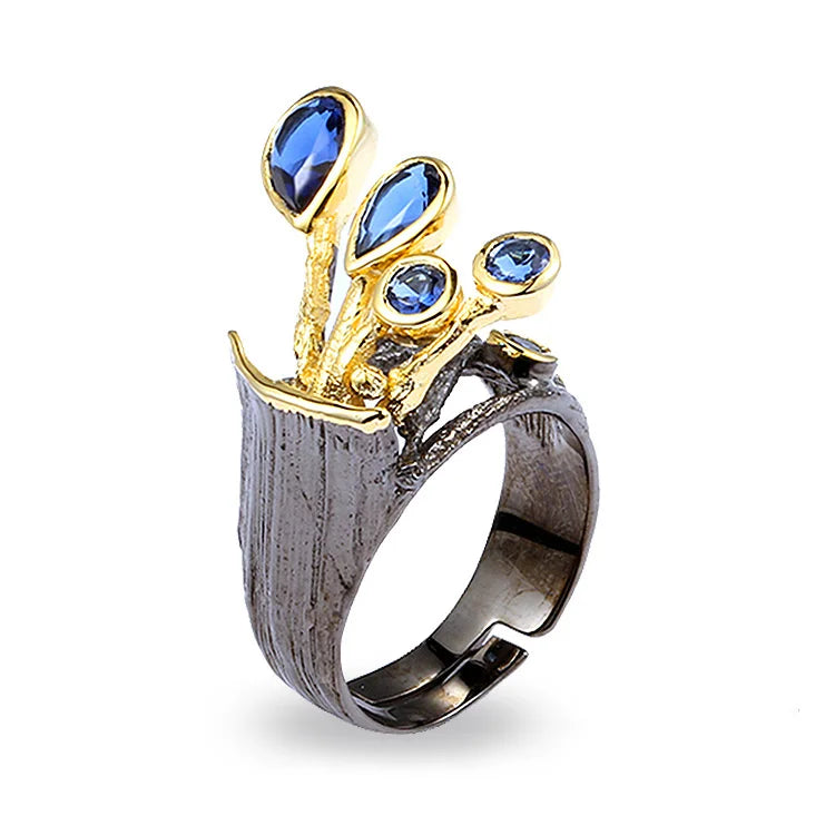 India Style Handmade Jewelry 925 Sterling Silver Ring with Gold Plated