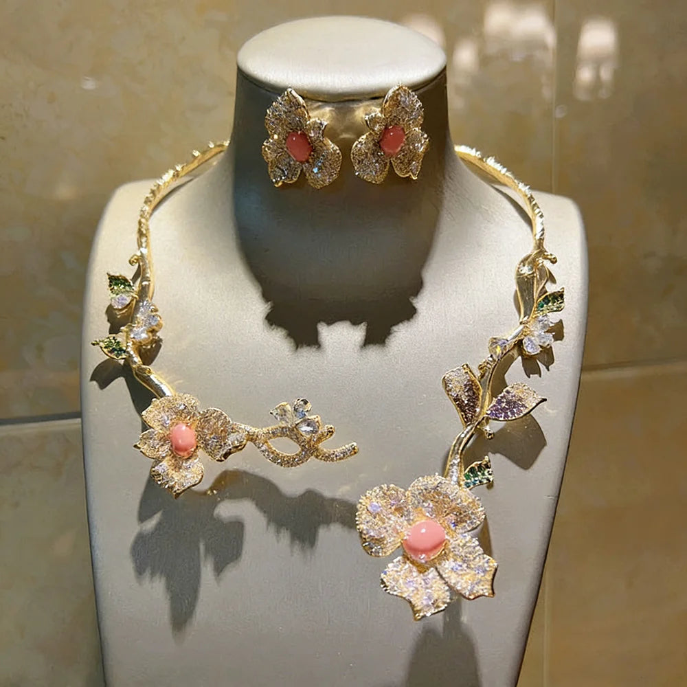 XM S207 Platinum Plated Princess Cut Zircon Floral Statement Necklace & Drop Earrings Bridal Set