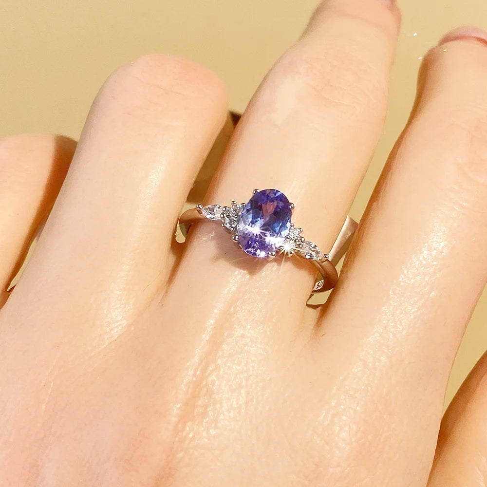 Gioiellieri S925 Sterling Silver Oval Cut Natural Tanzanite Rhodium Classic Ring-CMA Certified Sparkling Gemstone Evening Party Jewelry