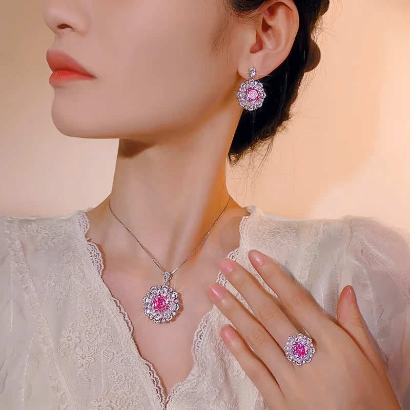 Gemfiori Italian Banquet Rose Versatile Wedding Luxury Shining Zircon Women's Set Necklace Earrings Rings Banquet Jewelry Accessories
