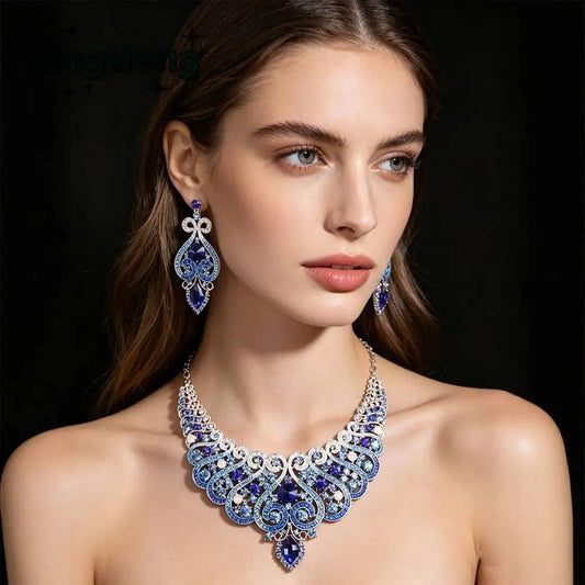 Luxury Princess-Cut Zirconia & Pearl Floral Statement Necklace & Drop Earrings Bridal Set — Gold Plated